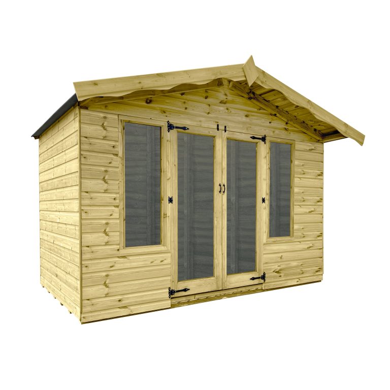 Glazed timber summer house with double doors and a dark felt roof
